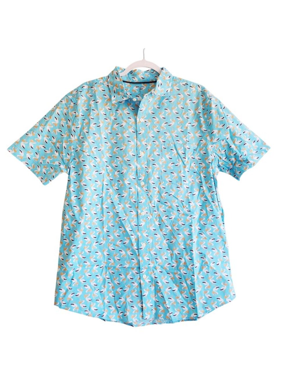 Mens Slim Fit Short Sleeve Button-Down Shirt With Pelican Print Size L Aqua Blue